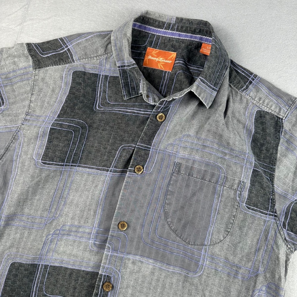 Tommy Bahama Mens Small Grey Silk Geometric Square Print Short Sleeve Camp Shirt